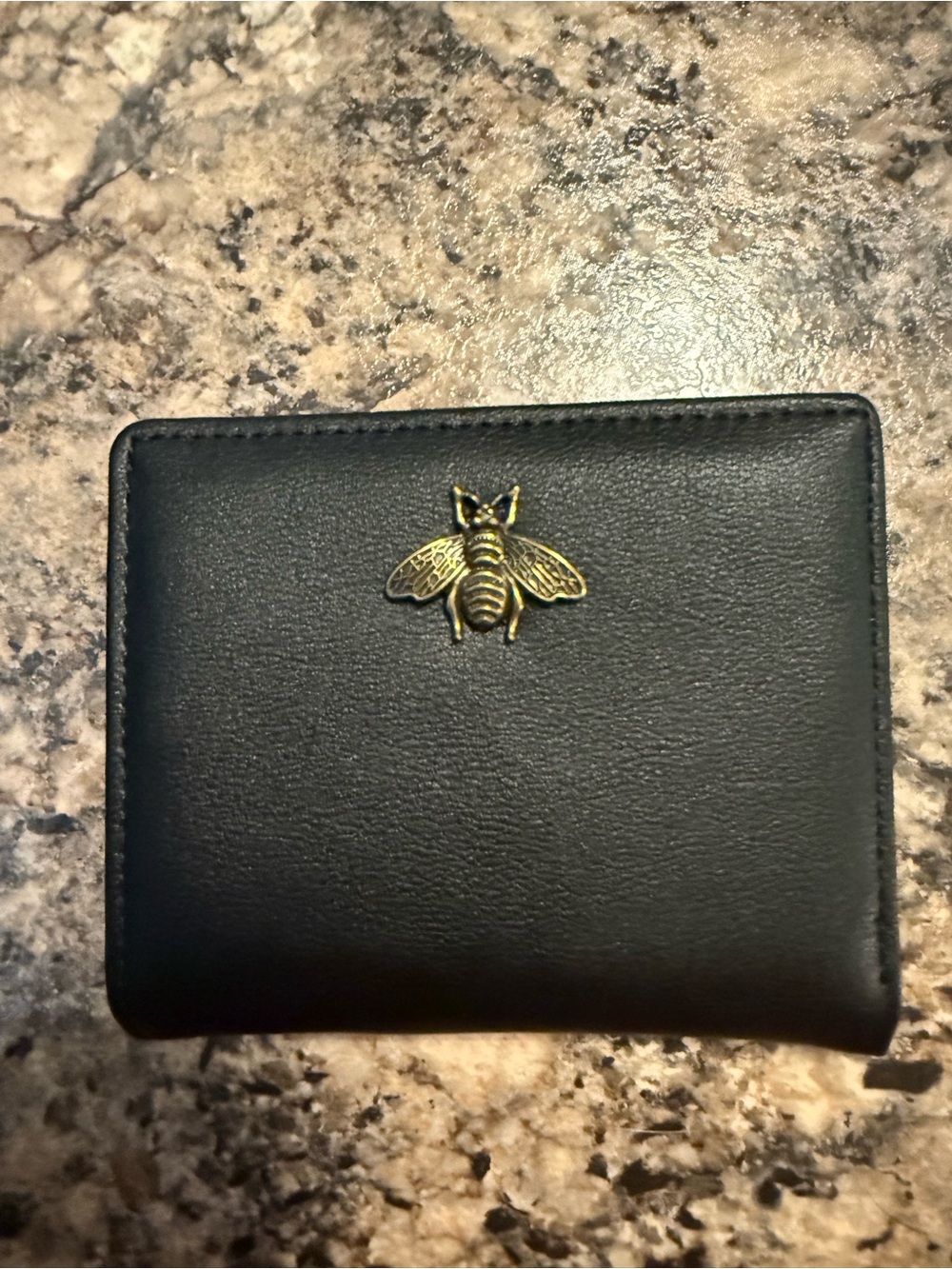 Black Leather Wallet with Gold Bee Accent